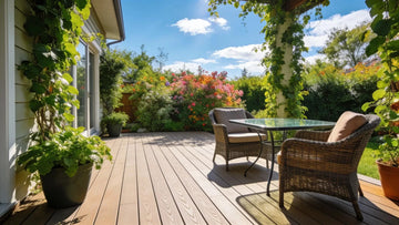 Composite decking in a beautiful outdoor space with elegant furniture and lush greenery