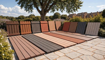 Composite materials display including decking, fencing, and cladding in an appealing outdoor environment