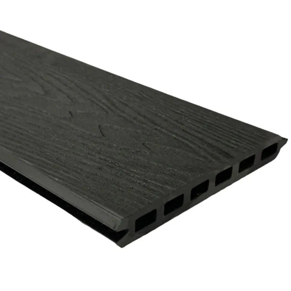 Close-up of black woodgrain fencing panel, showing texture and hollow design.