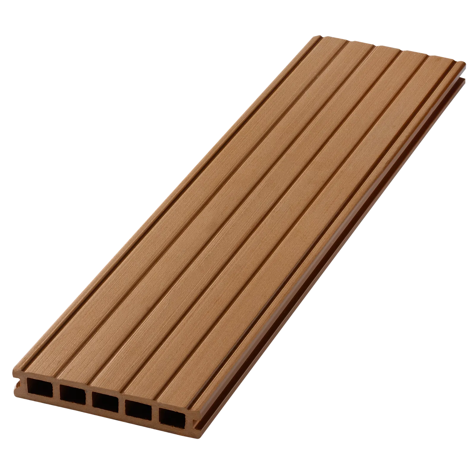 Angled view of Elegance Teak 4.8m wood plank showing grooves and hollow sections.